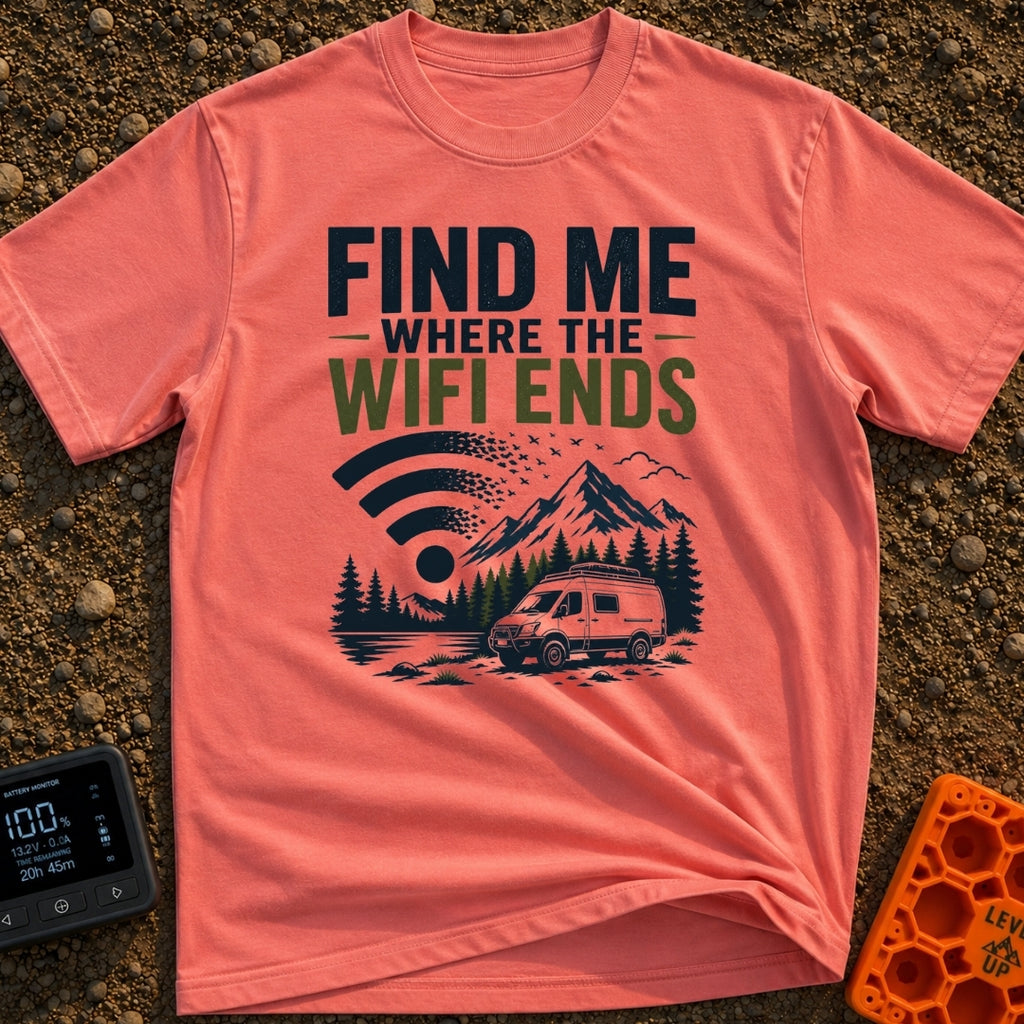 Where The Wifi Ends - T-Shirt in Watermelon - An illustration of a large WiFi symbol dissolving into a flock of flying...
