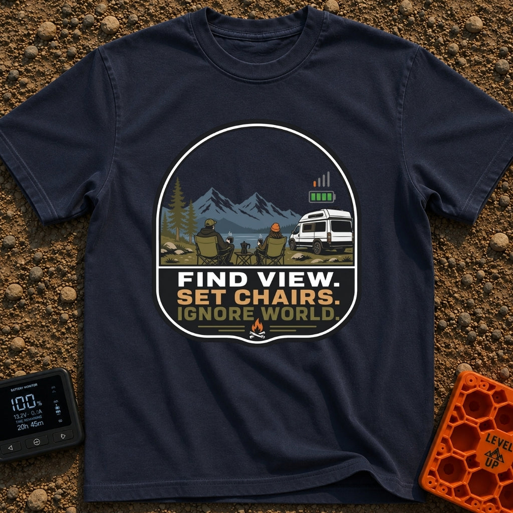 Set Chairs Ignore World - T-Shirt in Navy - An illustration of two people sitting in camp chairs holding mugs next to a...