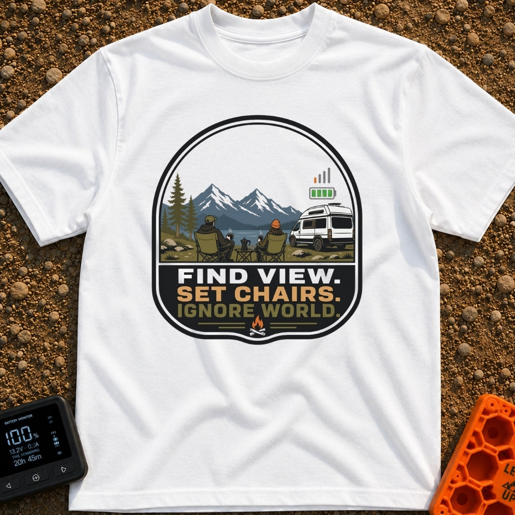 Set Chairs Ignore World - T-Shirt in White - An illustration of two people sitting in camp chairs holding mugs next to a...