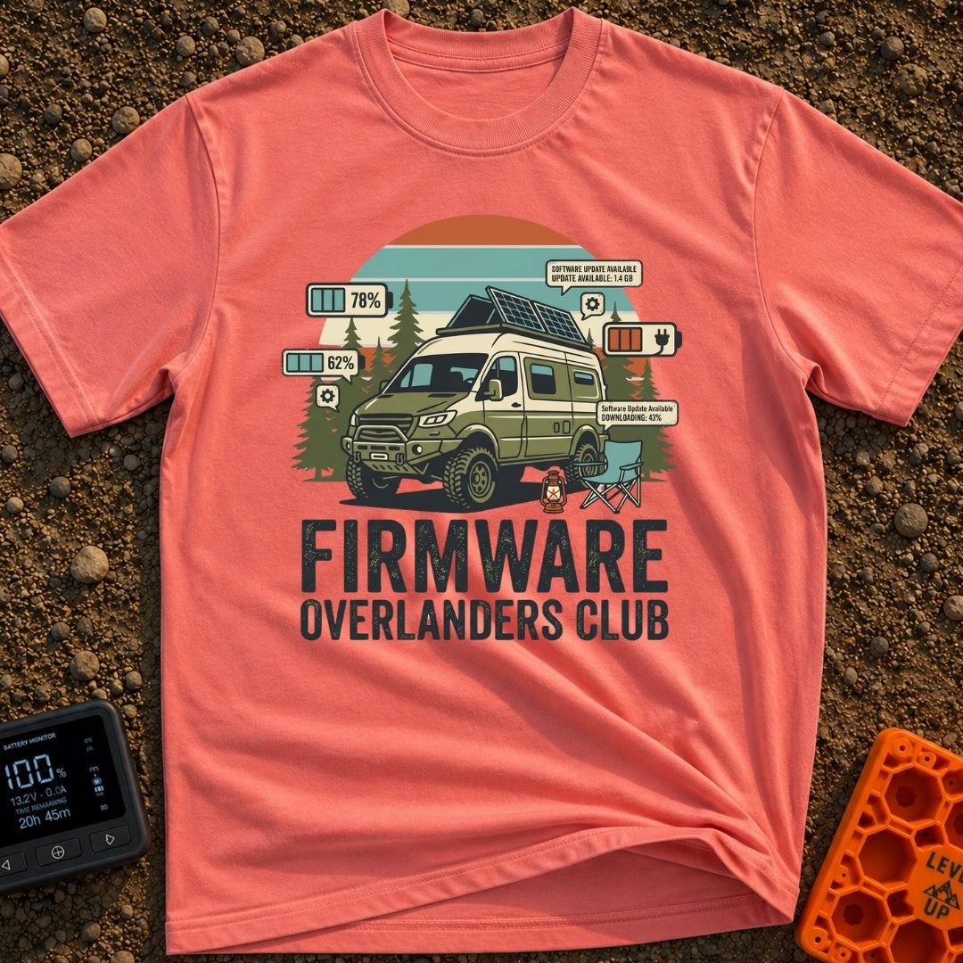 Overland Software Update - T-Shirt in Watermelon - A rugged, off-road camper van is parked in a forest setting with a...