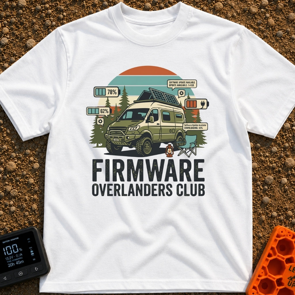 Overland Software Update - T-Shirt in White - A rugged, off-road camper van is parked in a forest setting with a camp...