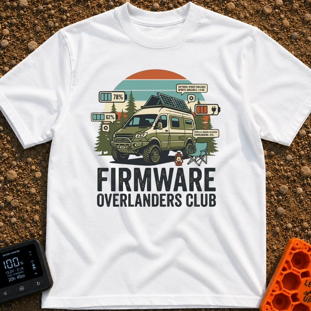 Overland Software Update - T-Shirt in White - A rugged, off-road camper van is parked in a forest setting with a camp...