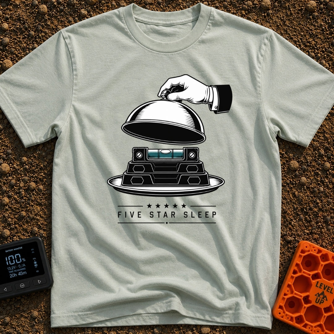 Five Star Sleep - T-Shirt in Bay - A black and white illustration of a white-gloved hand lifting a silver cloche (serving...
