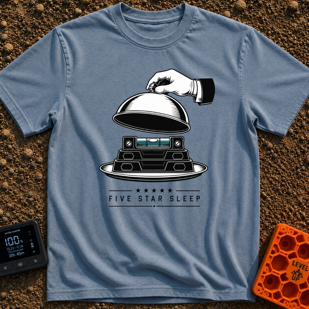 Five Star Sleep - T-Shirt in Blue Jean - A black and white illustration of a white-gloved hand lifting a silver cloche...