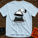 Five Star Sleep - T-Shirt in Chambray - A black and white illustration of a white-gloved hand lifting a silver cloche...