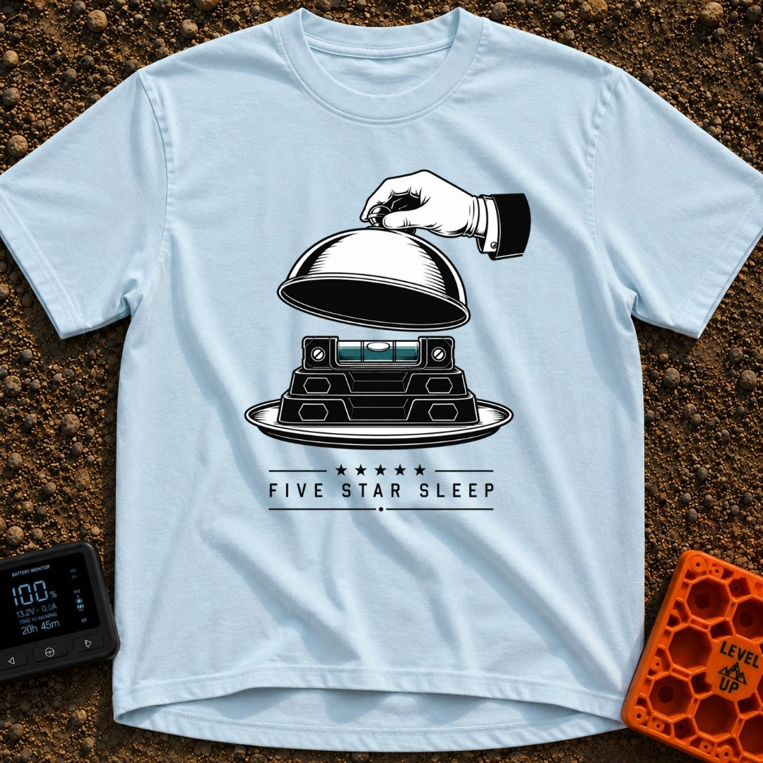 Five Star Sleep - T-Shirt in Chambray - A black and white illustration of a white-gloved hand lifting a silver cloche...