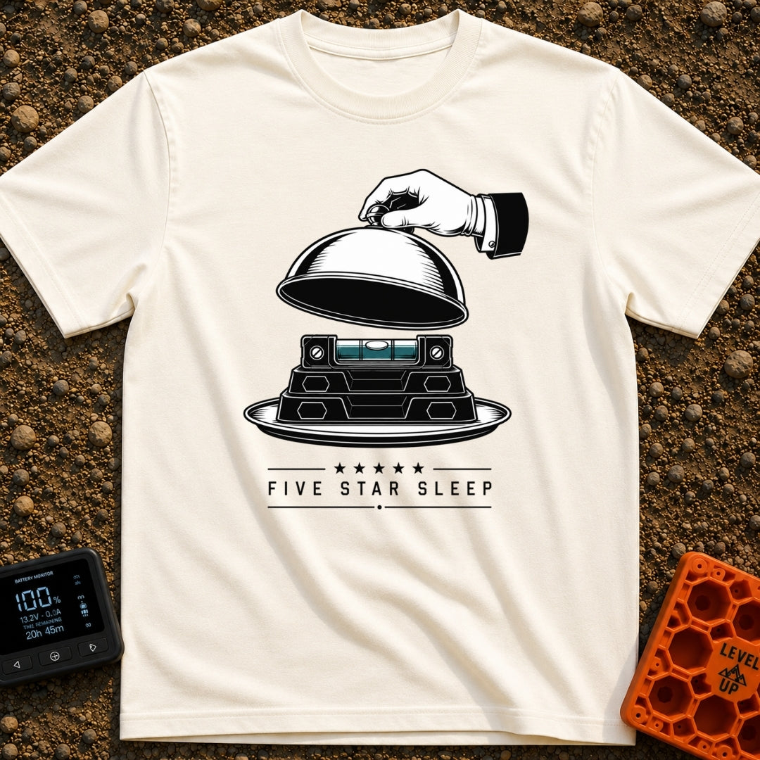 Five Star Sleep - T-Shirt in Ivory - A black and white illustration of a white-gloved hand lifting a silver cloche...