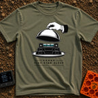 Five Star Sleep - T-Shirt in Moss - A black and white illustration of a white-gloved hand lifting a silver cloche...