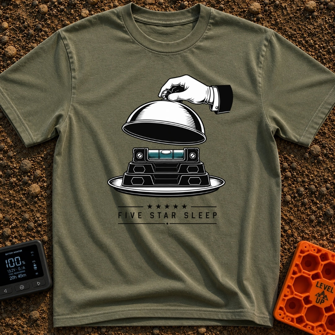 Five Star Sleep - T-Shirt in Moss - A black and white illustration of a white-gloved hand lifting a silver cloche...