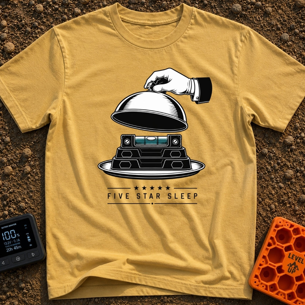 Five Star Sleep - T-Shirt in Mustard - A black and white illustration of a white-gloved hand lifting a silver cloche...