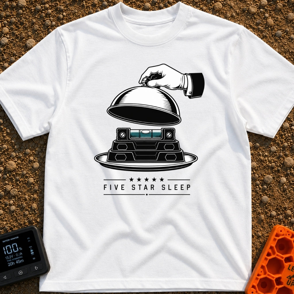 Five Star Sleep - T-Shirt in White - A black and white illustration of a white-gloved hand lifting a silver cloche...