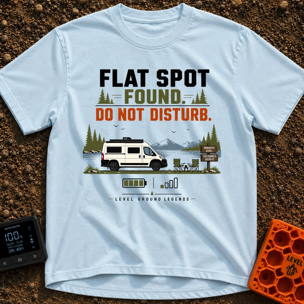 Flat Spot Found - T-Shirt in Chambray - A white camper van parked beside a lake with mountains in the background, next to...