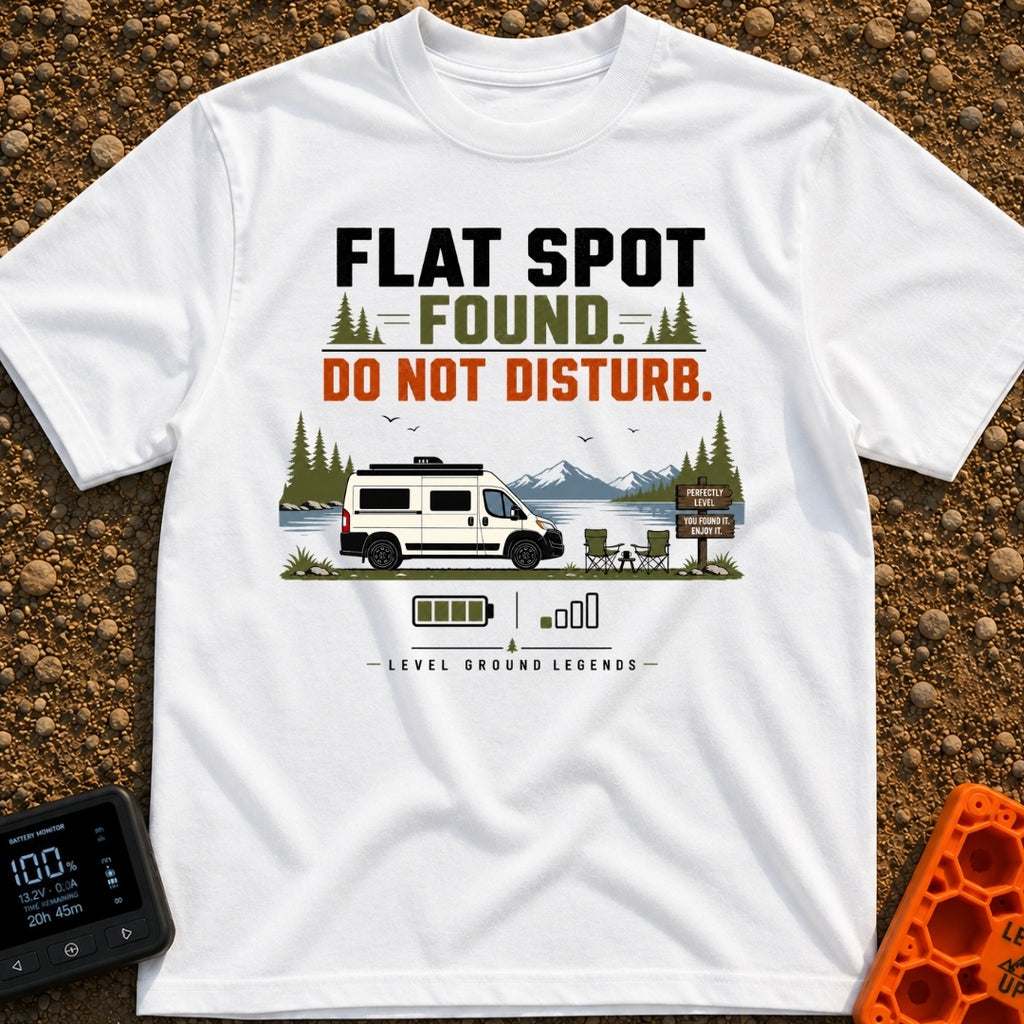 Flat Spot Found - T-Shirt in White - A white camper van parked beside a lake with mountains in the background, next to...