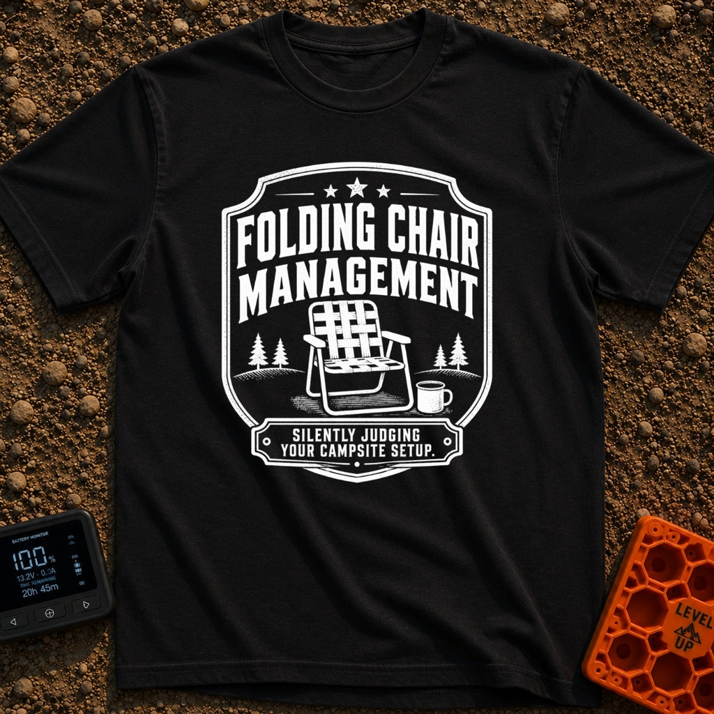 Chief Folding Officer - T-Shirt in Black - A black-and-white badge graphic featuring a vintage webbed folding camp chair...