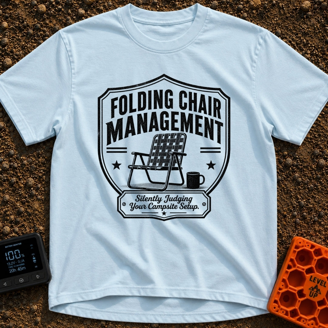 Chief Folding Officer - T-Shirt in Chambray - A black-and-white badge graphic featuring a vintage webbed folding camp...