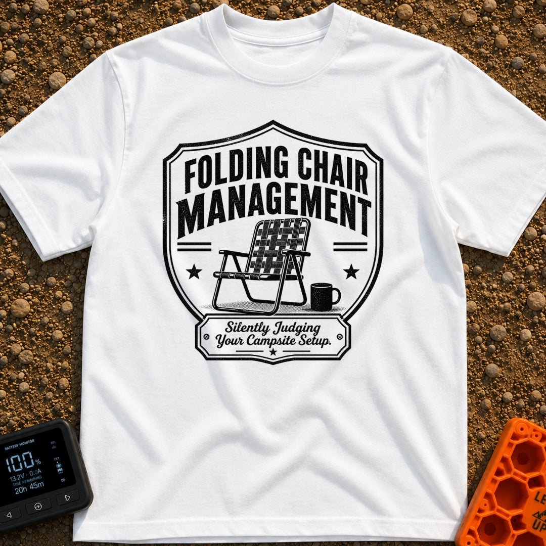 Chief Folding Officer - T-Shirt in White - A black-and-white badge graphic featuring a vintage webbed folding camp chair...