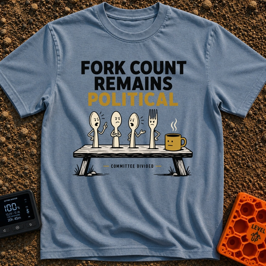 Fork Count Politics - T-Shirt in Blue Jean - A cartoon illustration showing three spoons and one fork with angry...
