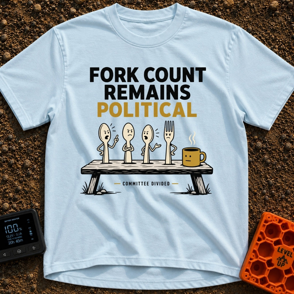 Fork Count Politics - T-Shirt in Chambray - A cartoon illustration showing three spoons and one fork with angry...