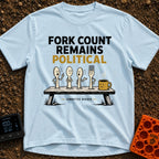 Fork Count Politics - T-Shirt in Chambray - A cartoon illustration showing three spoons and one fork with angry...