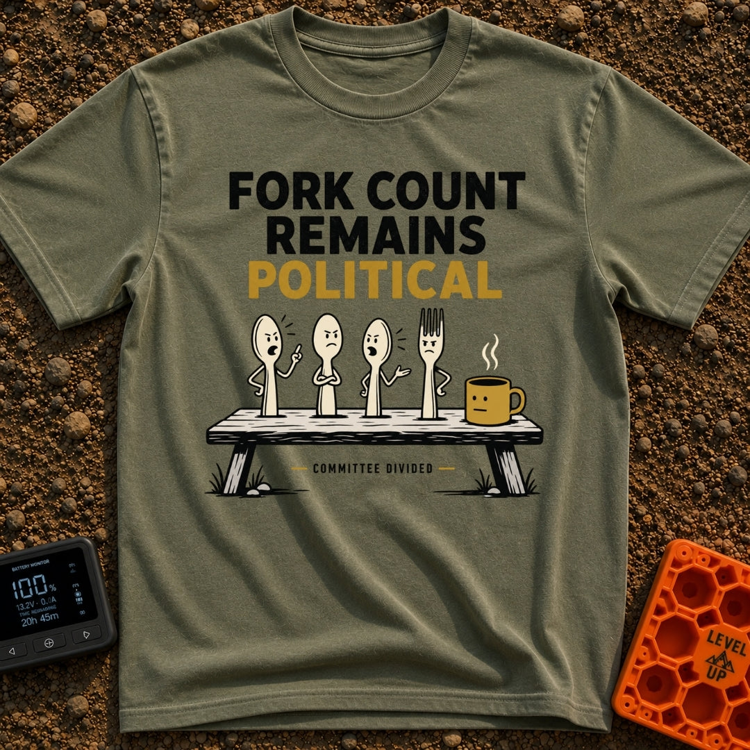 Fork Count Politics - T-Shirt in Moss - A cartoon illustration showing three spoons and one fork with angry expressions...