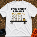 Fork Count Politics - T-Shirt in White - A cartoon illustration showing three spoons and one fork with angry expressions...