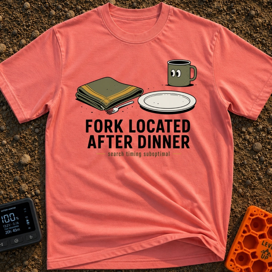 Fork Found Too Late - T-Shirt in Watermelon - A cartoon illustration showing a fork partially hidden under a folded green...