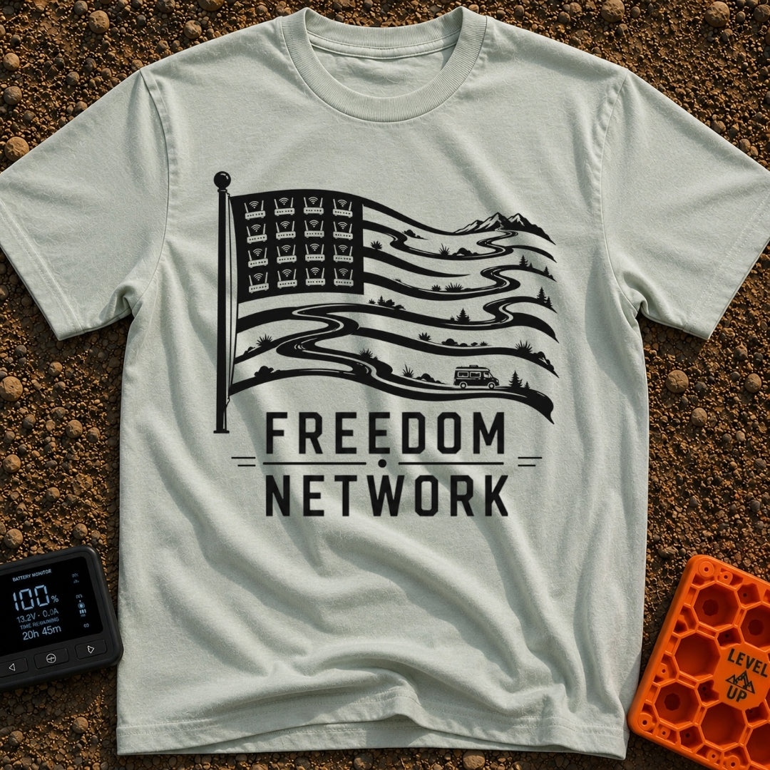 Roam Free Network - T-Shirt in Bay - A black and white graphic of an American flag where the stars in the canton are...