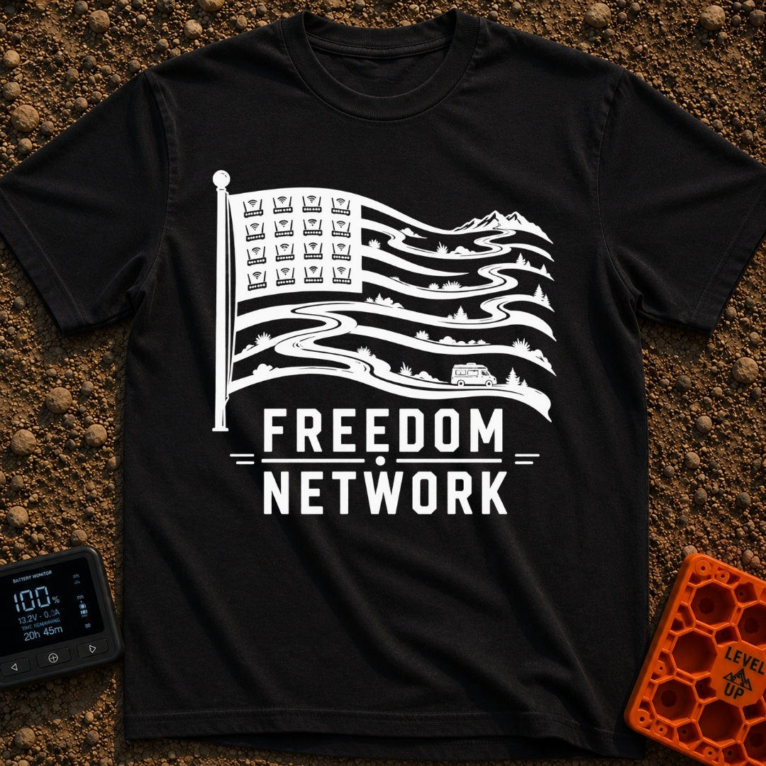 Roam Free Network - T-Shirt in Black - A black and white graphic of an American flag where the stars in the canton are...