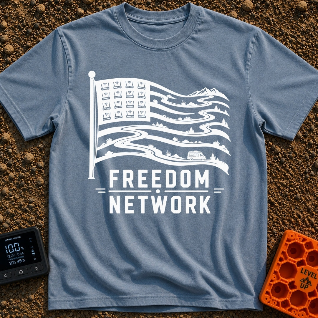 Roam Free Network - T-Shirt in Blue Jean - A black and white graphic of an American flag where the stars in the canton...