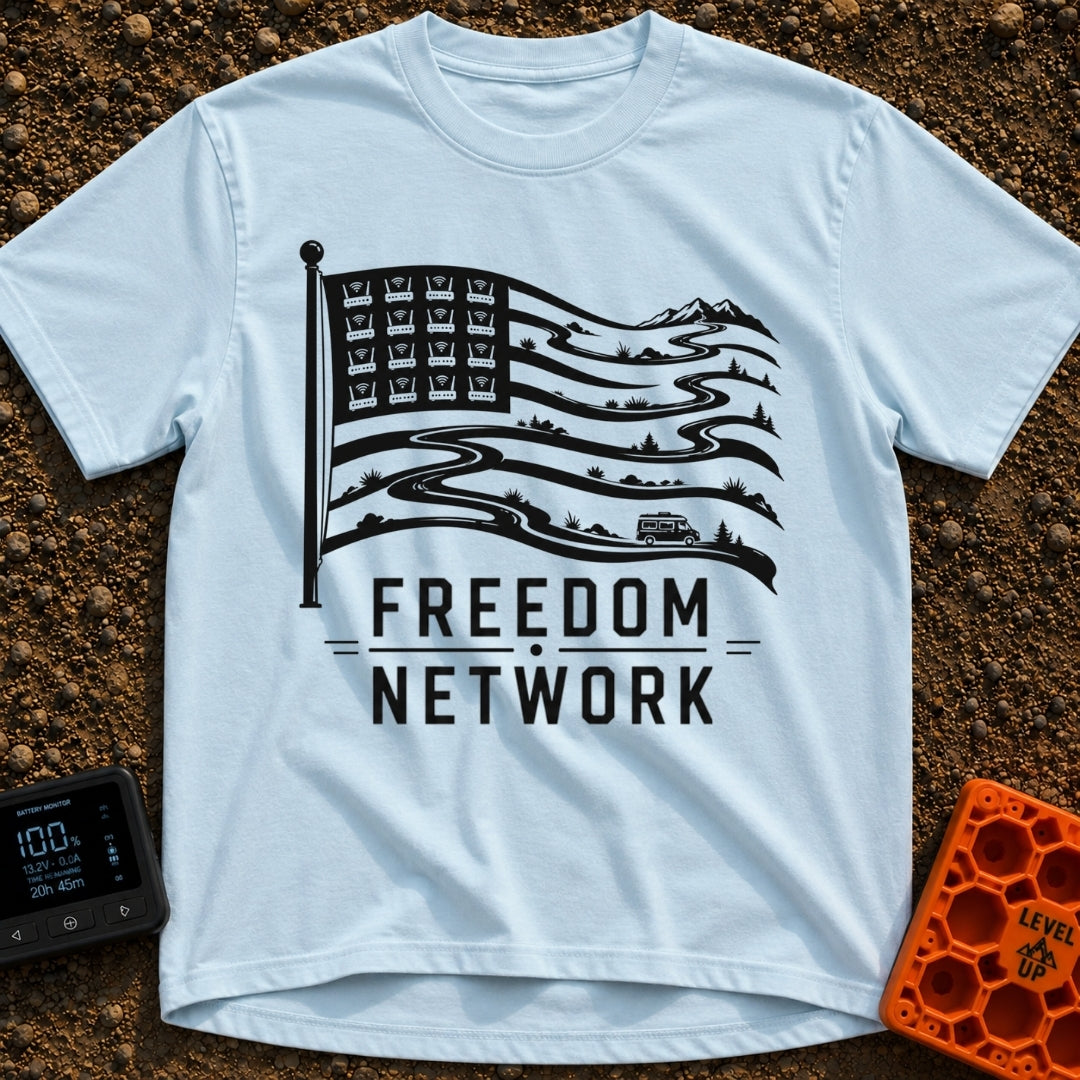 Roam Free Network - T-Shirt in Chambray - A black and white graphic of an American flag where the stars in the canton are...