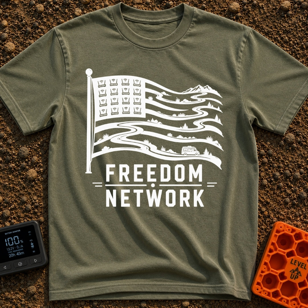 Roam Free Network - T-Shirt in Moss - A black and white graphic of an American flag where the stars in the canton are...