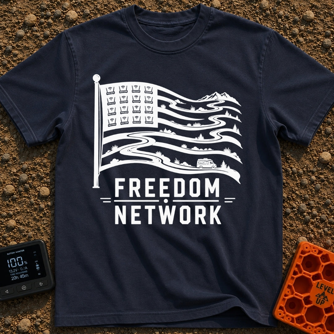 Roam Free Network - T-Shirt in Navy - A black and white graphic of an American flag where the stars in the canton are...
