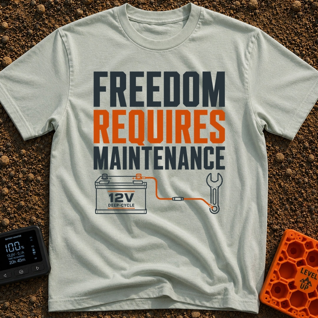 Freedom Under Maintenance - T-Shirt in Bay - A graphic design with the text "FREEDOM REQUIRES MAINTENANCE" stacked in...