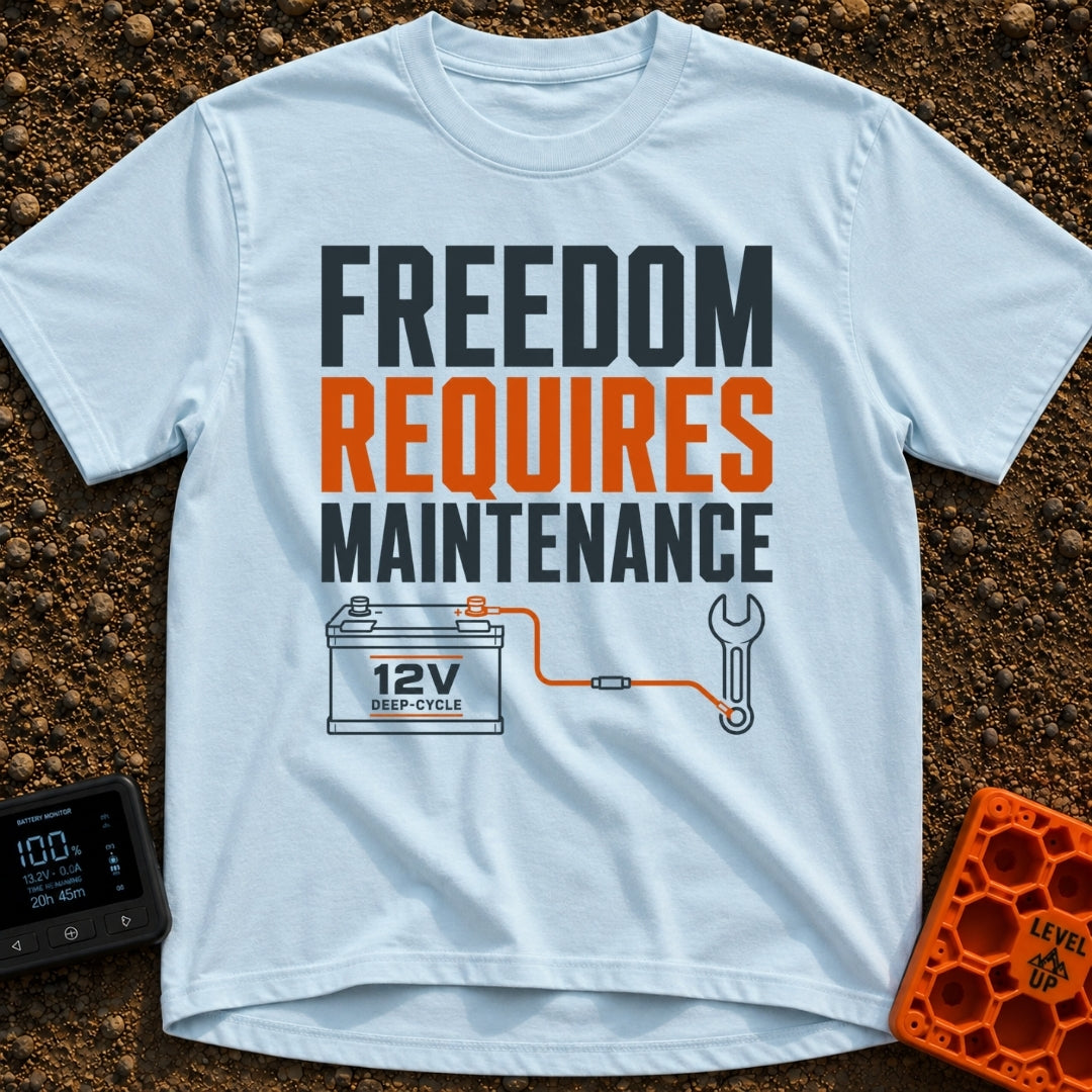 Freedom Under Maintenance - T-Shirt in Chambray - A graphic design with the text "FREEDOM REQUIRES MAINTENANCE" stacked...