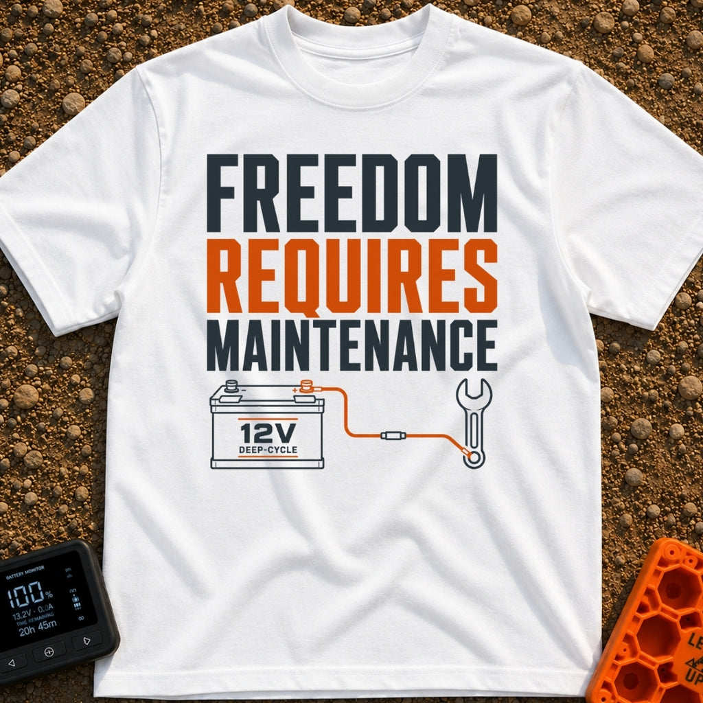 Freedom Under Maintenance - T-Shirt in White - A graphic design with the text "FREEDOM REQUIRES MAINTENANCE" stacked in...
