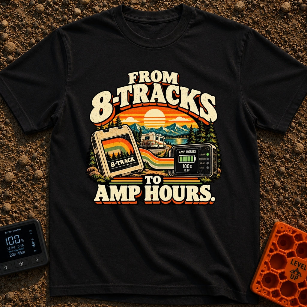 8 Tracks To Amps - T-Shirt in Black - A retro-style illustration showing an 8-track tape and a digital battery monitor...