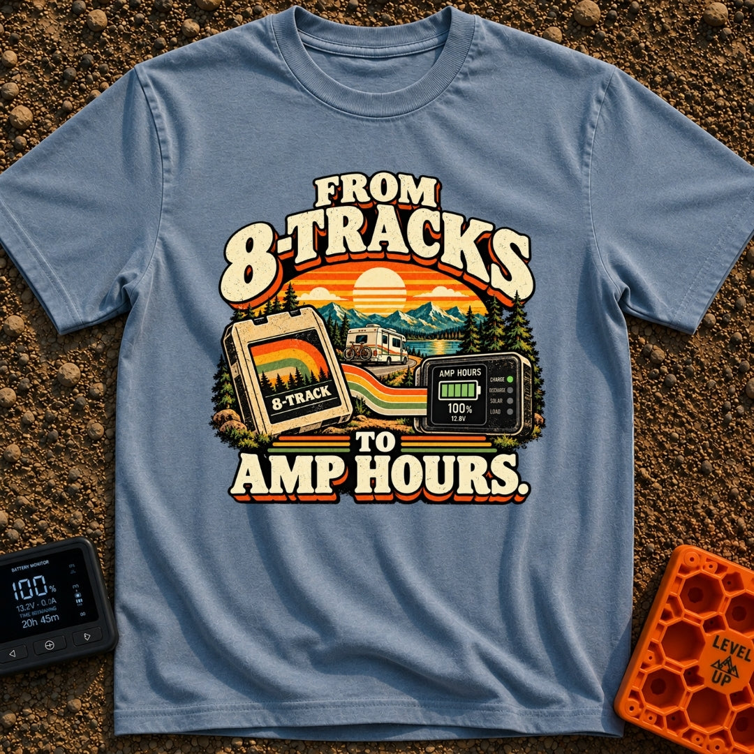 8 Tracks To Amps - T-Shirt in Blue Jean - A retro-style illustration showing an 8-track tape and a digital battery...