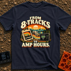 8 Tracks To Amps - T-Shirt in Navy - A retro-style illustration showing an 8-track tape and a digital battery monitor...