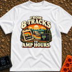 8 Tracks To Amps - T-Shirt in White - A retro-style illustration showing an 8-track tape and a digital battery monitor...