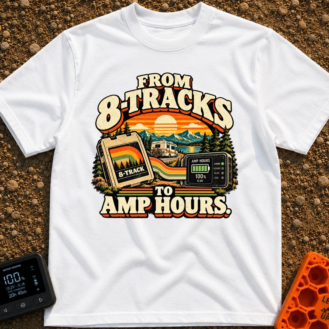 8 Tracks To Amps - T-Shirt in White - A retro-style illustration showing an 8-track tape and a digital battery monitor...