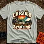 From Static To Starlink - T-Shirt in Bay - A retro-styled graphic showing a vintage CB radio and microphone on the left,...