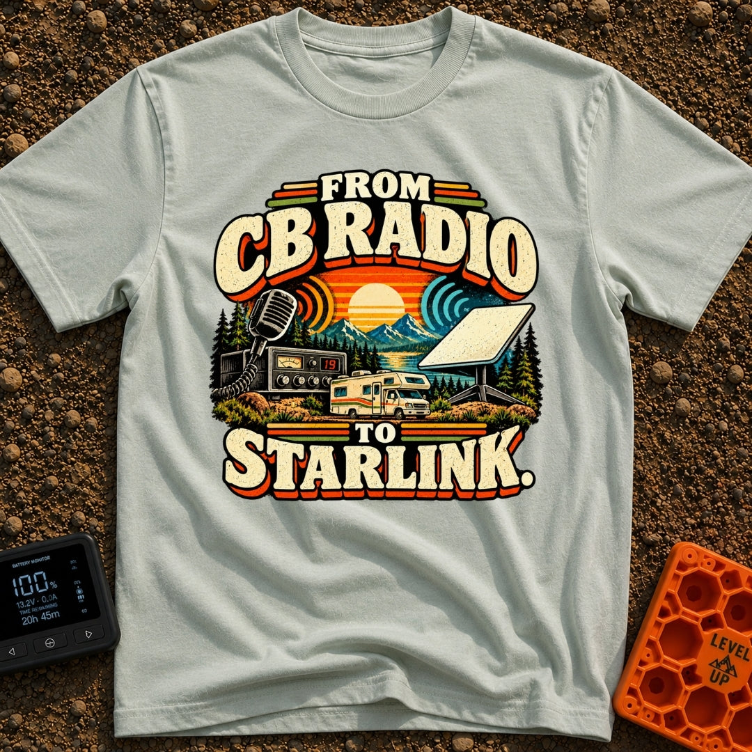 From Static To Starlink - T-Shirt in Bay - A retro-styled graphic showing a vintage CB radio and microphone on the left,...