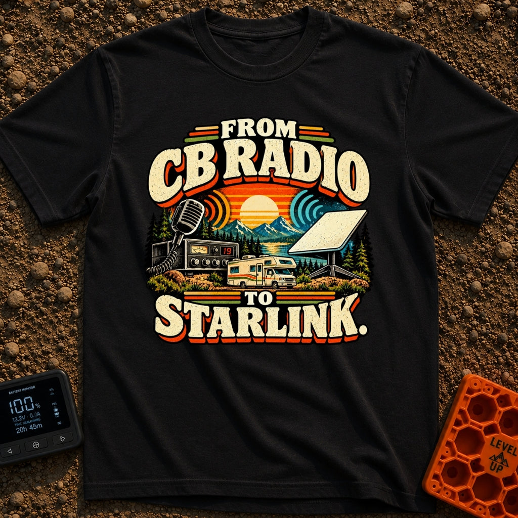 From Static To Starlink - T-Shirt in Black - A retro-styled graphic showing a vintage CB radio and microphone on the...