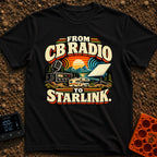 From Static To Starlink - T-Shirt in Black - A retro-styled graphic showing a vintage CB radio and microphone on the...
