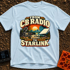 From Static To Starlink - T-Shirt in Chambray - A retro-styled graphic showing a vintage CB radio and microphone on the...