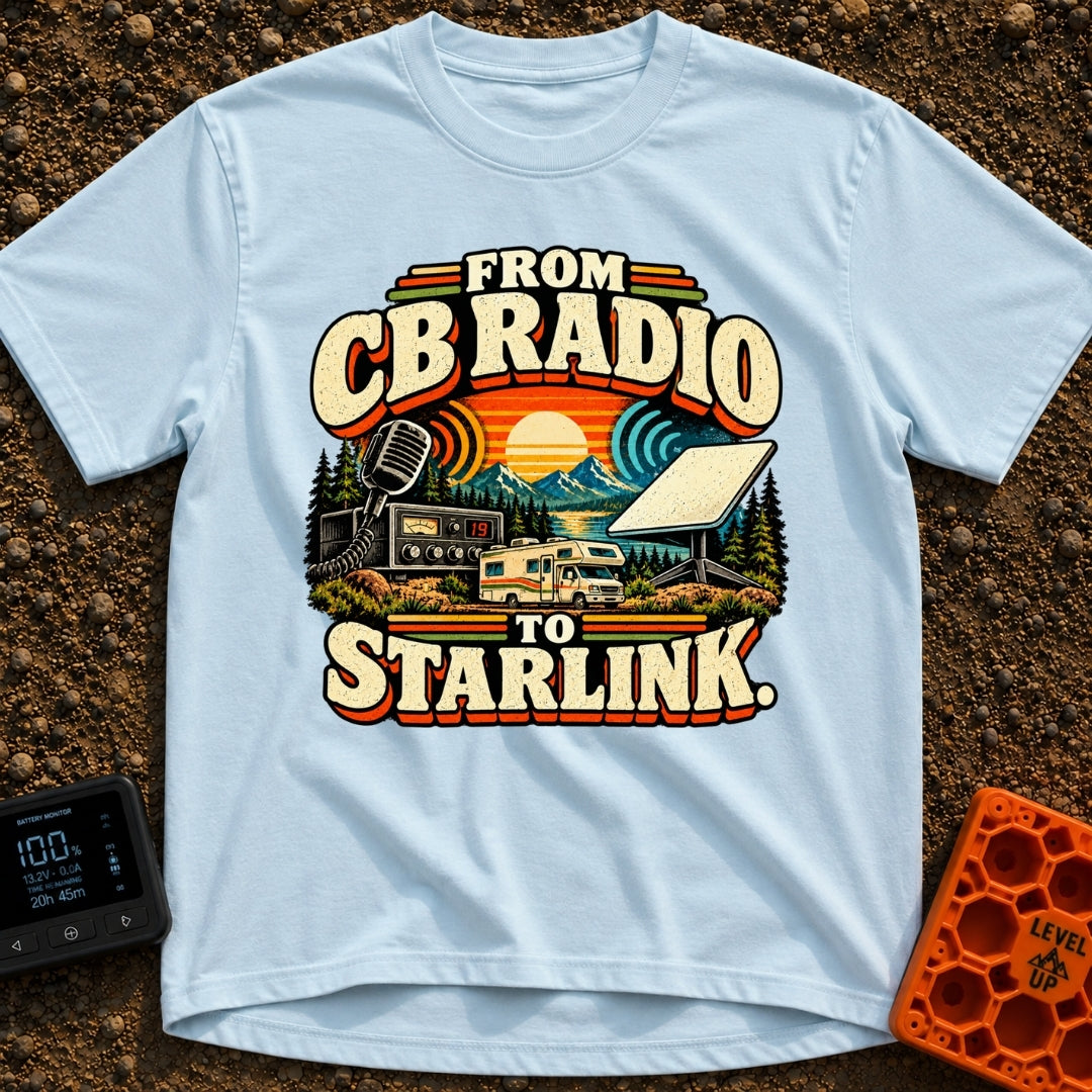 From Static To Starlink - T-Shirt in Chambray - A retro-styled graphic showing a vintage CB radio and microphone on the...