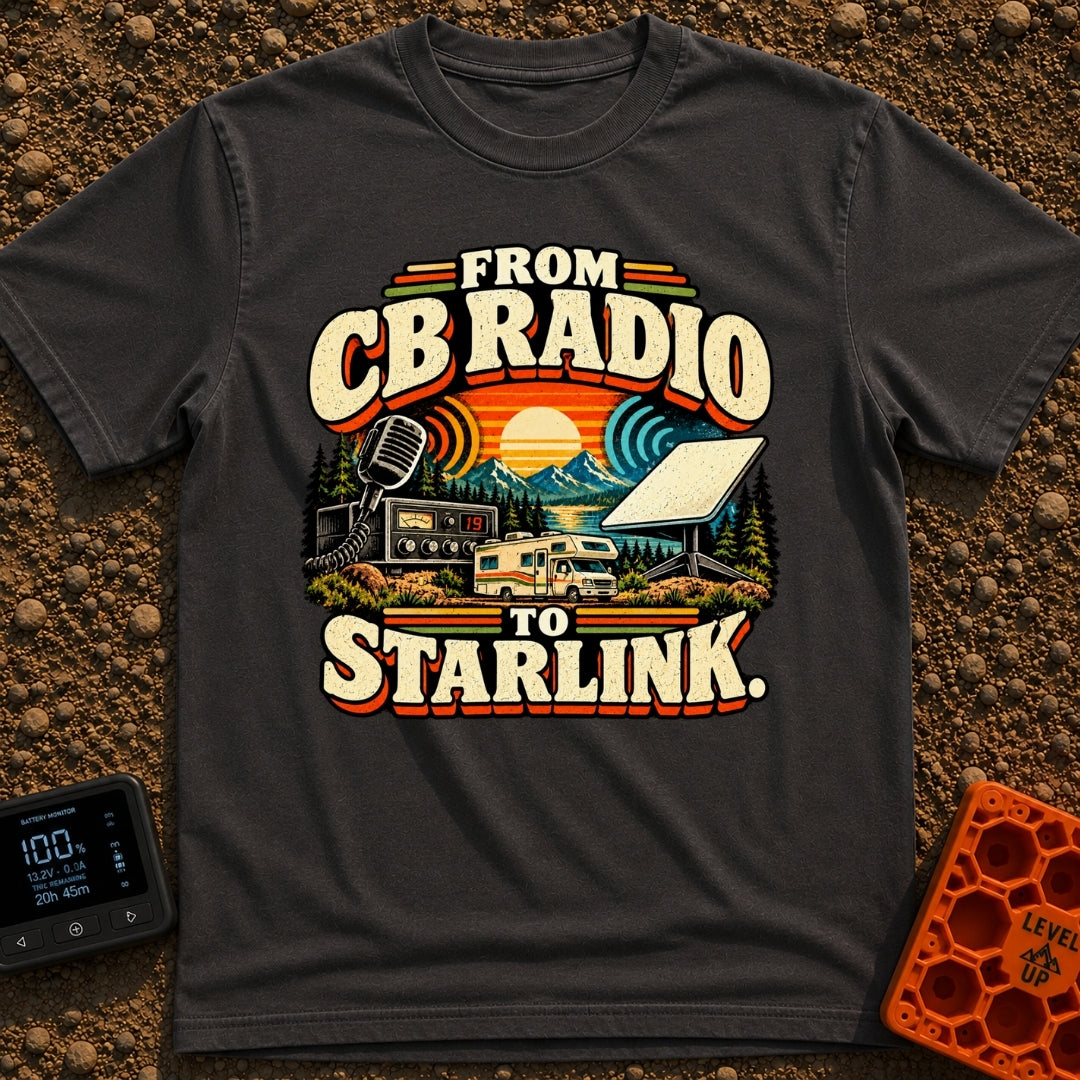 From Static To Starlink - T-Shirt in Graphite - A retro-styled graphic showing a vintage CB radio and microphone on the...