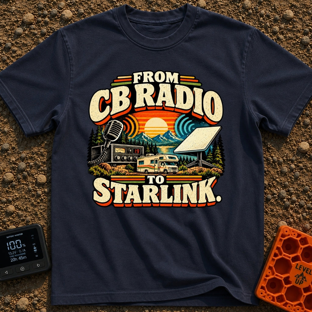 From Static To Starlink - T-Shirt in Navy - A retro-styled graphic showing a vintage CB radio and microphone on the left,...