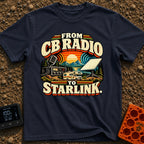 From Static To Starlink - T-Shirt in Navy - A retro-styled graphic showing a vintage CB radio and microphone on the left,...