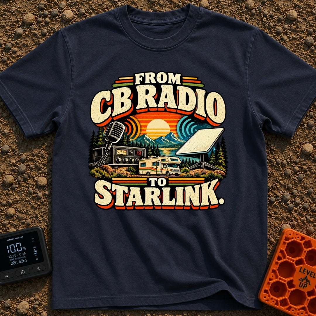 From Static To Starlink - T-Shirt in Navy - A retro-styled graphic showing a vintage CB radio and microphone on the left,...
